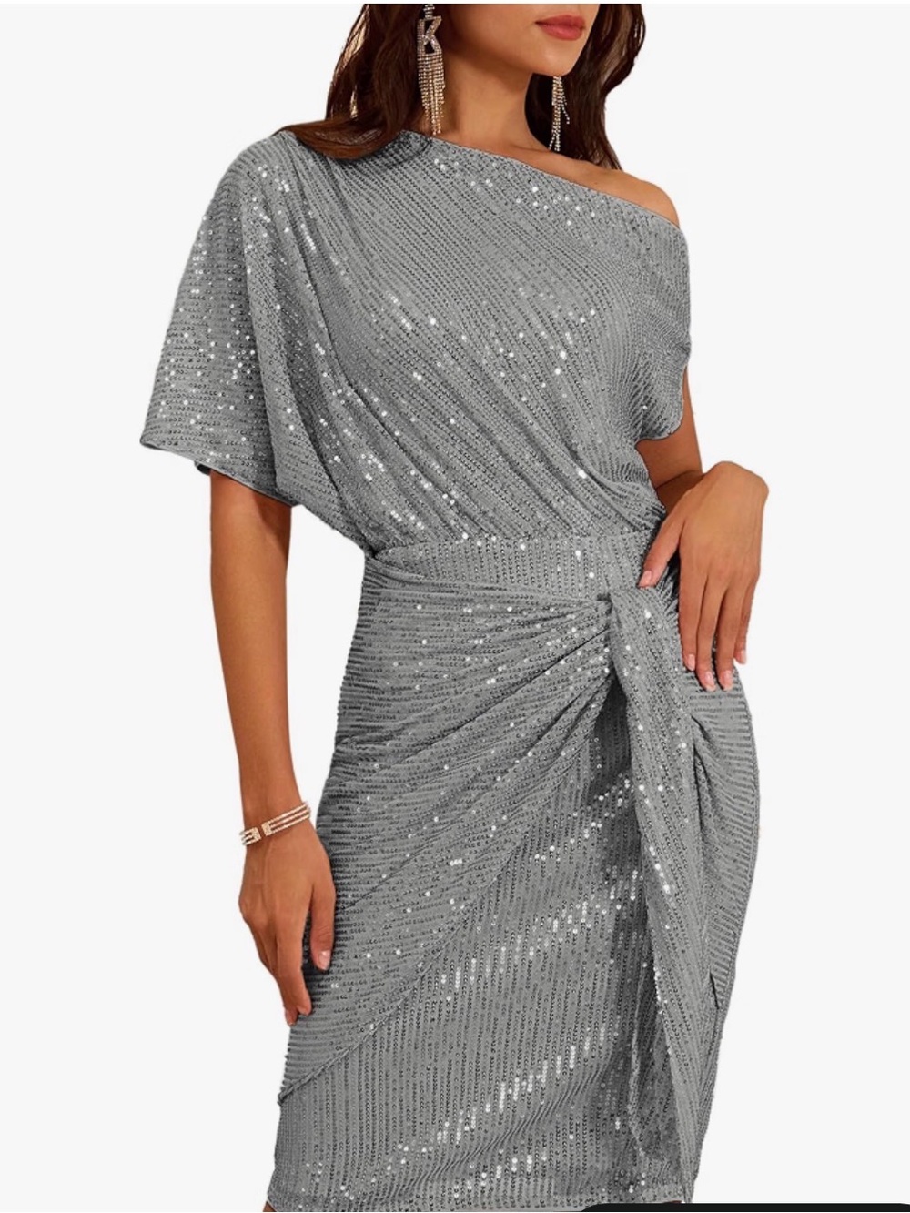 Grace Karin One Shoulder Sequin Dress Silver